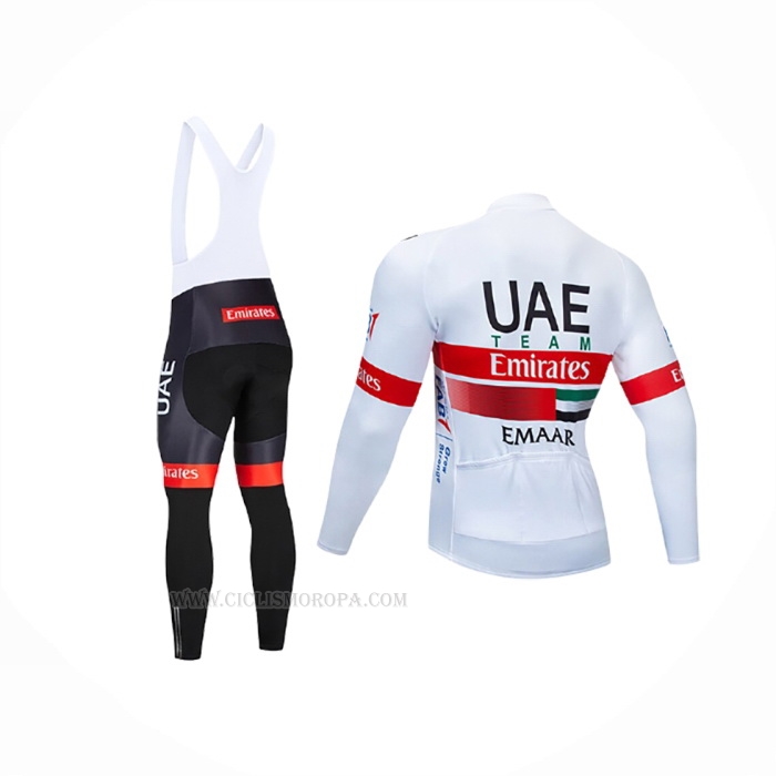 2020 Ropa Ciclismo UAE Blanco Rojo Mangas Largas y Culotte Lunga